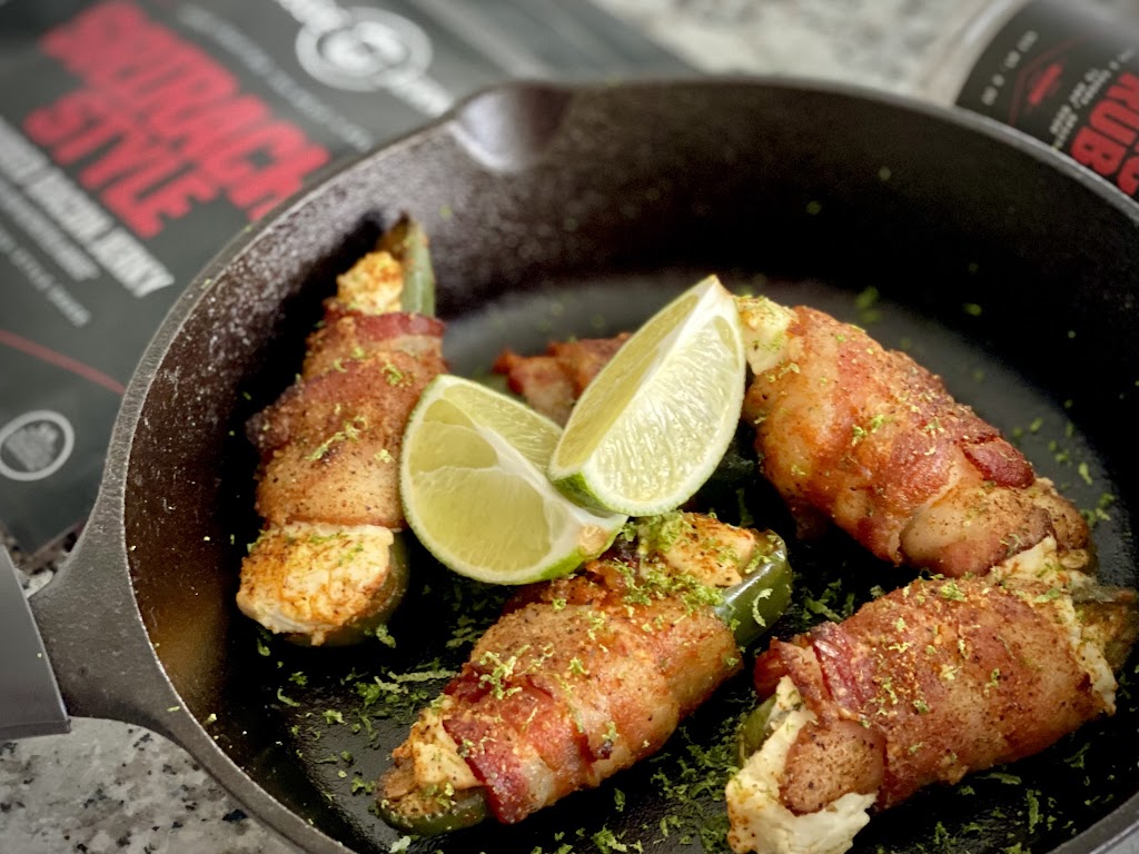 Sriracha Bacon Wrapped Jalapeno Poppers with Spice Rub Cream Cheese